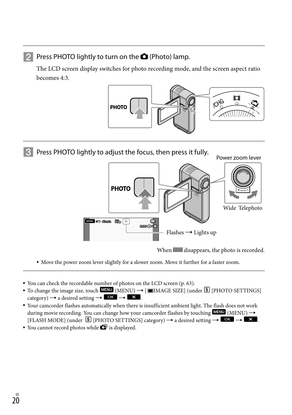 Press photo lightly to turn on the (photo) lamp | Sony HDR-TG5V User Manual | Page 20 / 135