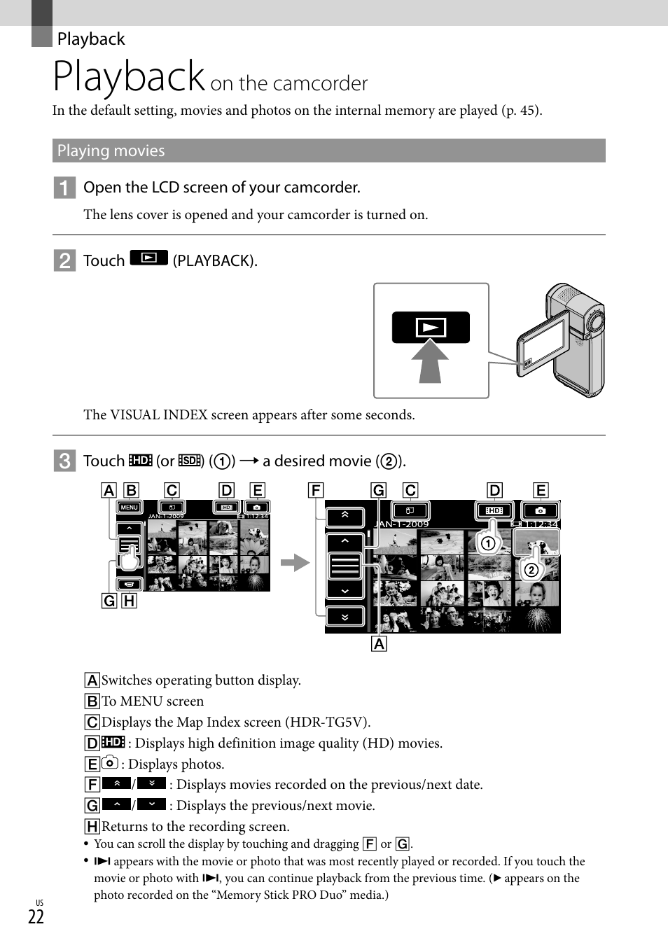 Playback, Playback on the camcorder, On.the.camcorder | Sony HDR-TG5V User Manual | Page 22 / 135