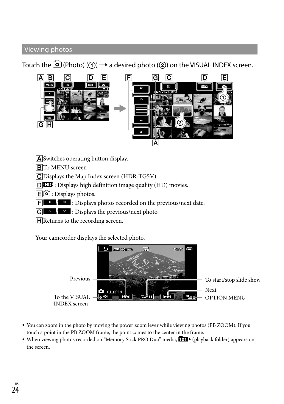 Viewing photos | Sony HDR-TG5V User Manual | Page 24 / 135