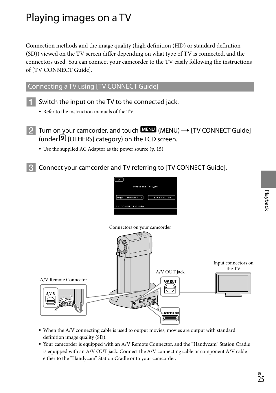 Playing images on a tv, Connecting a tv using [tv connect guide | Sony HDR-TG5V User Manual | Page 25 / 135