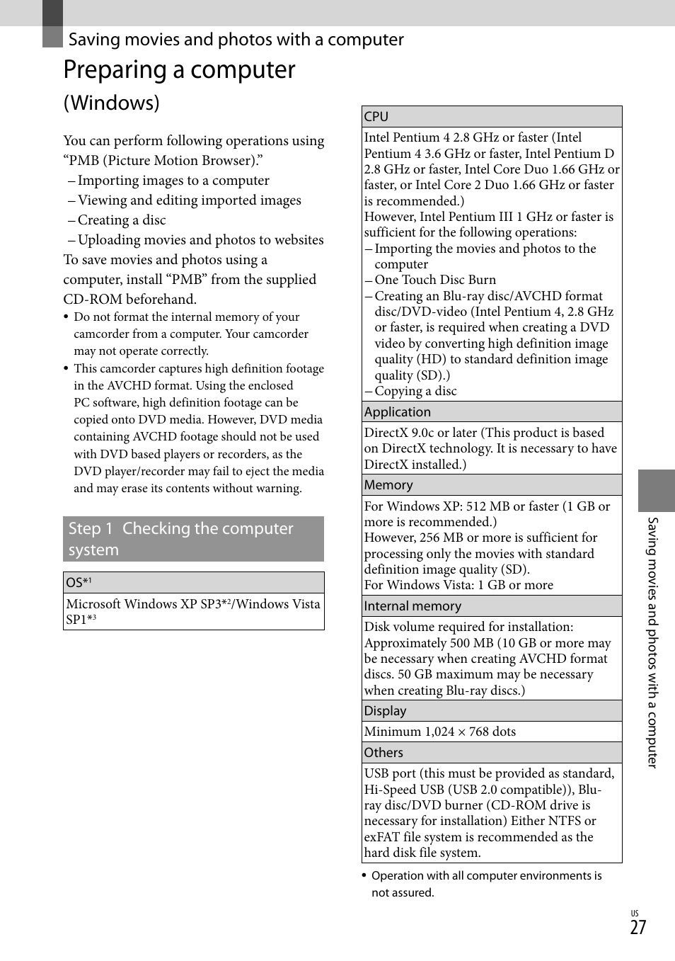 Saving movies and photos with a computer, Preparing a computer (windows), Preparing a computer | Windows), Step 1 checking the computer system | Sony HDR-TG5V User Manual | Page 27 / 135