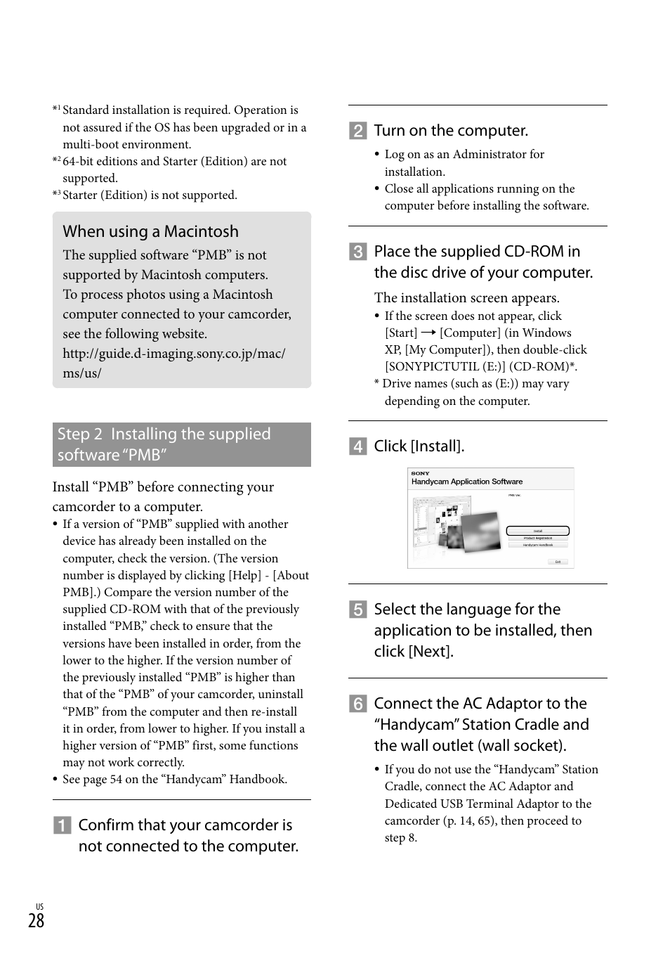 When using a macintosh, Step 2 installing the supplied software “pmb, Turn on the computer | Sony HDR-TG5V User Manual | Page 28 / 135