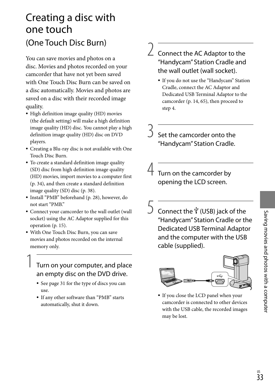 Creating a disc with one touch, One touch disc burn) | Sony HDR-TG5V User Manual | Page 33 / 135