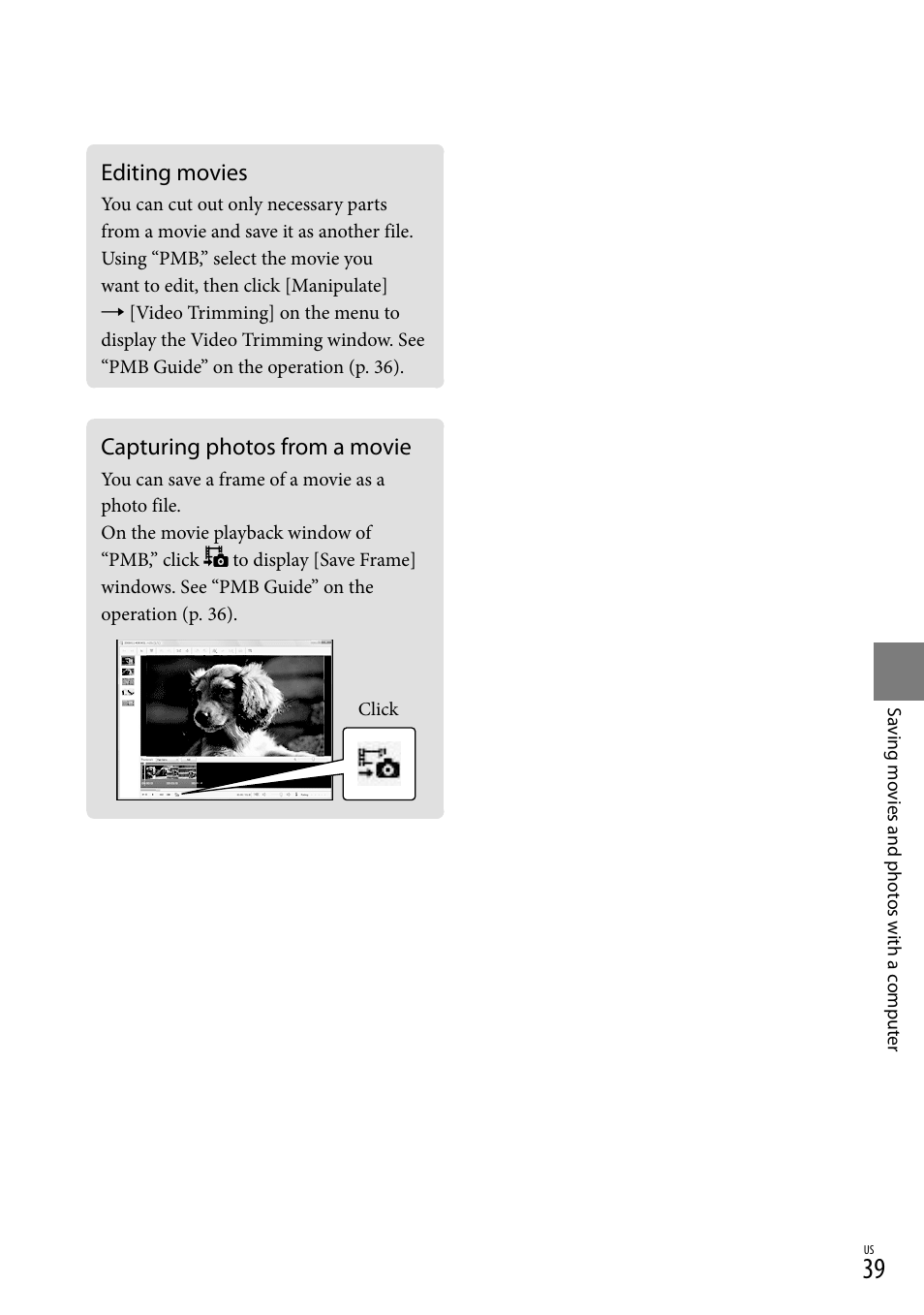 Editing movies, Capturing photos from a movie, Editing movies capturing photos from a movie | Sony HDR-TG5V User Manual | Page 39 / 135