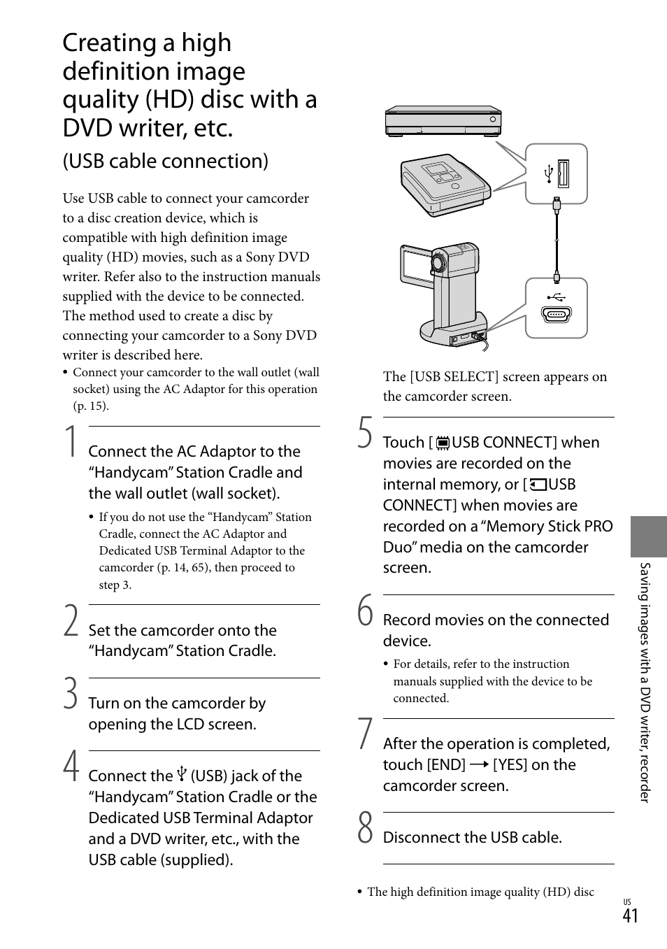 Usb cable connection) | Sony HDR-TG5V User Manual | Page 41 / 135