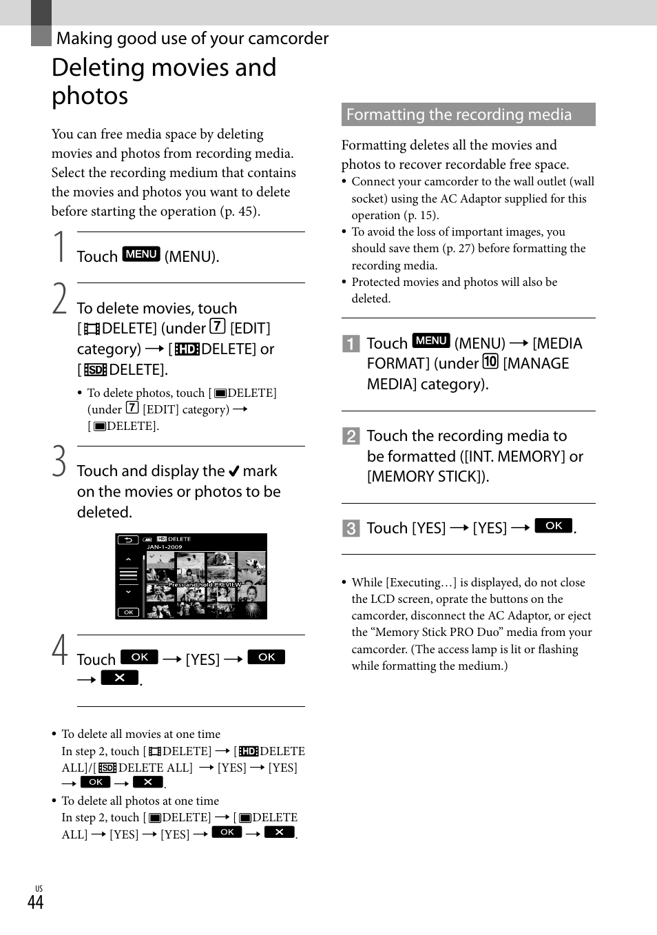 Making good use of your camcorder, Deleting movies and photos | Sony HDR-TG5V User Manual | Page 44 / 135