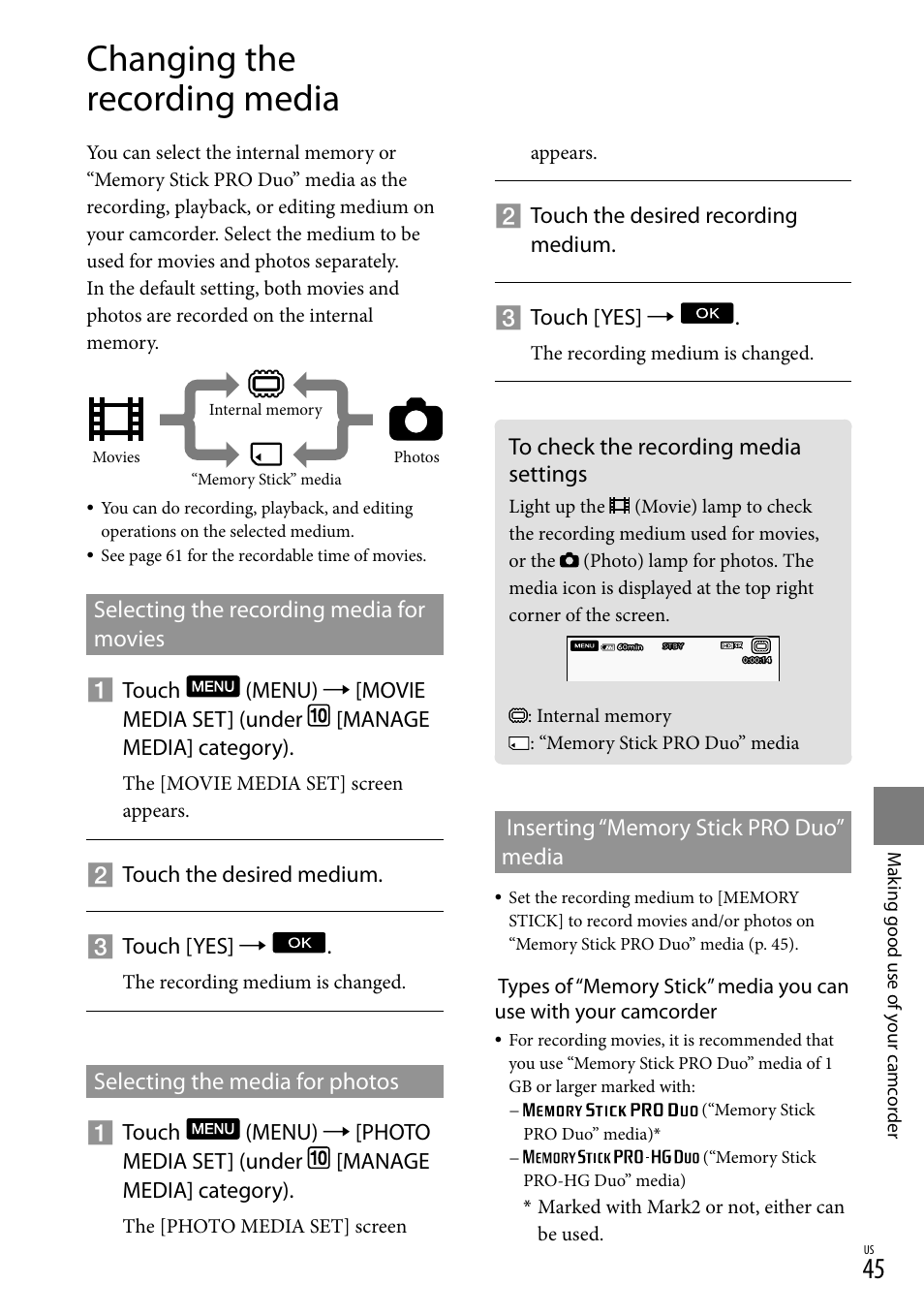 Changing the recording media, To check the recording media settings, E 45 f | Sony HDR-TG5V User Manual | Page 45 / 135