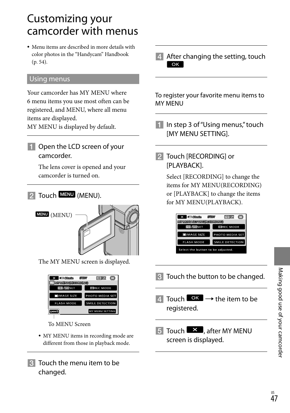 Customizing your camcorder with menus | Sony HDR-TG5V User Manual | Page 47 / 135