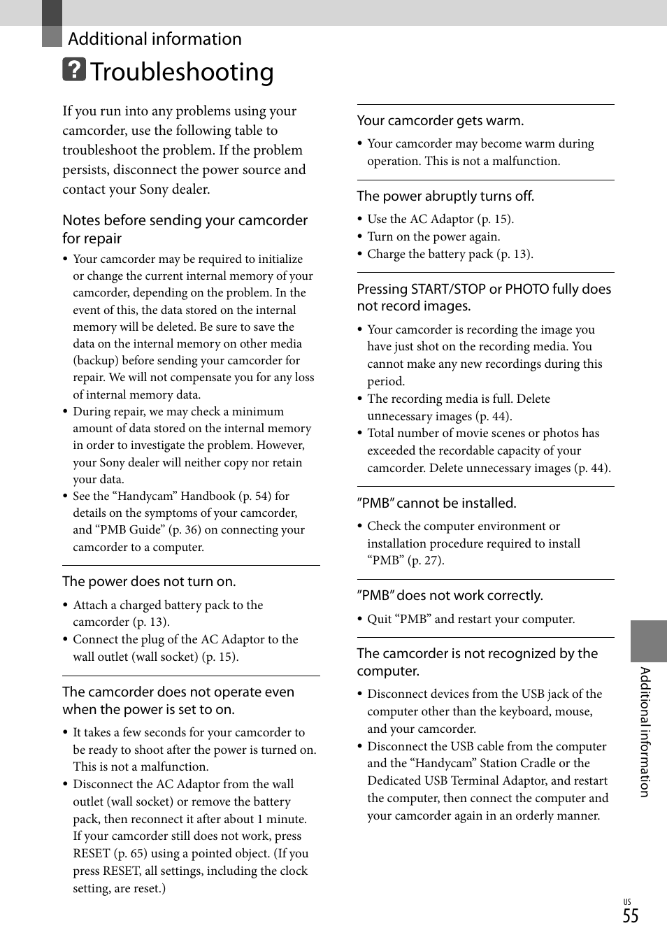 Additional information, Troubleshooting | Sony HDR-TG5V User Manual | Page 55 / 135