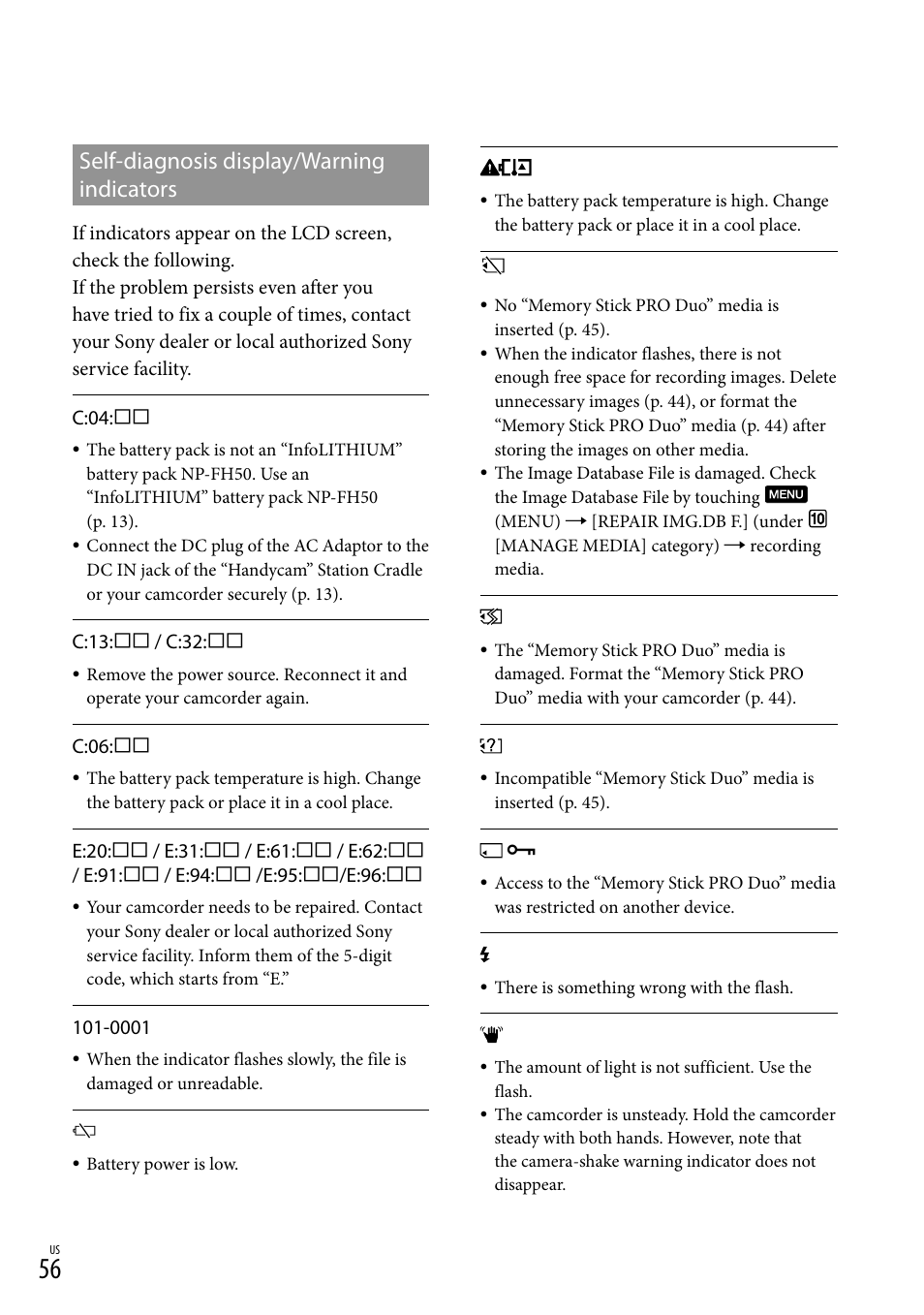 Self-diagnosis display/warning indicators | Sony HDR-TG5V User Manual | Page 56 / 135