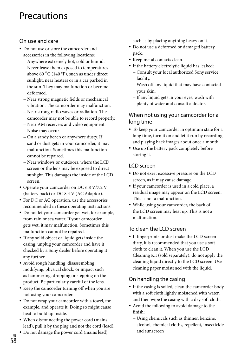 Precautions, On use and care, When not using your camcorder for a long time | Lcd screen, On handling the casing | Sony HDR-TG5V User Manual | Page 58 / 135