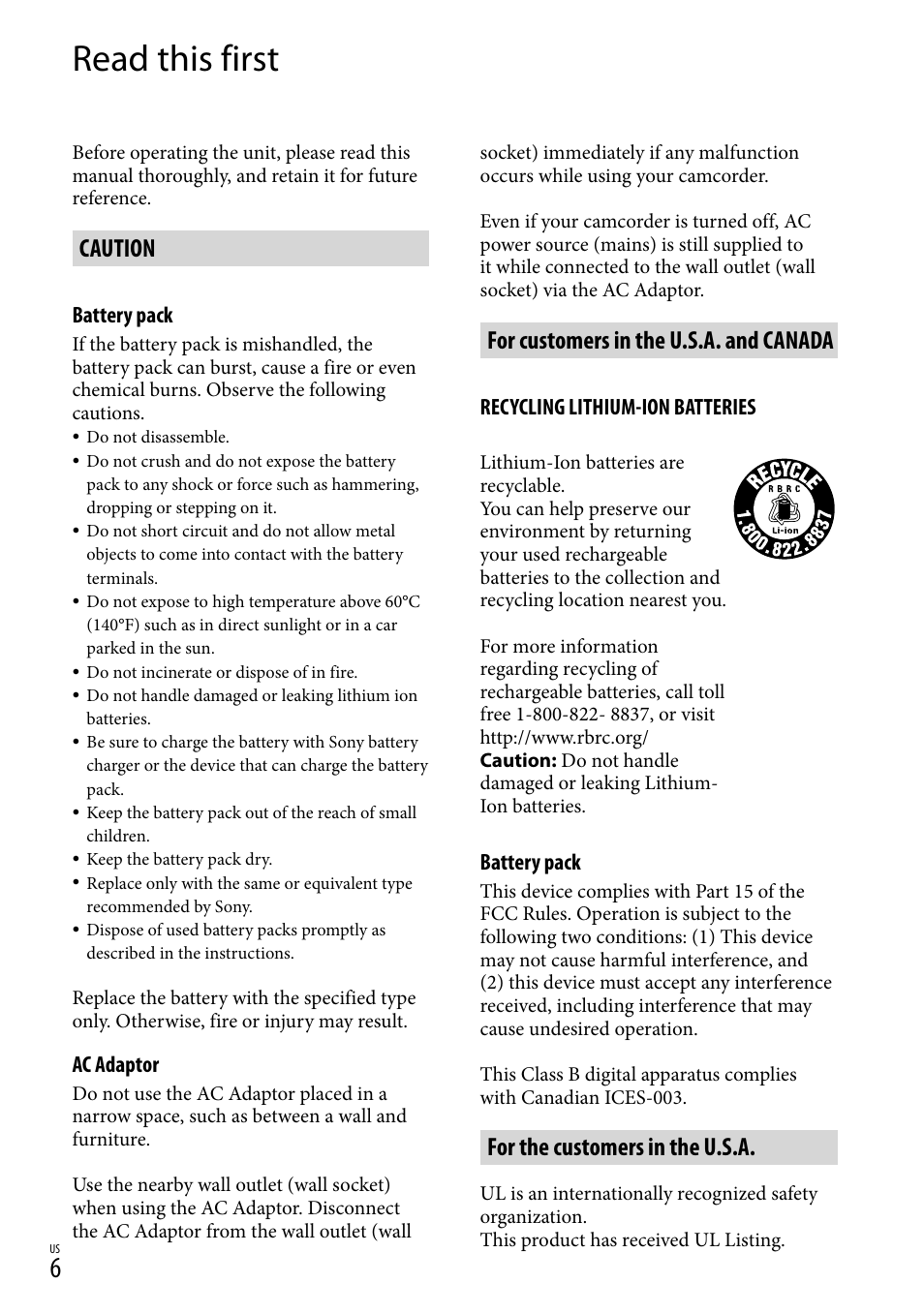 Read this first, Caution, For customers in the u.s.a. and canada | For the customers in the u.s.a | Sony HDR-TG5V User Manual | Page 6 / 135