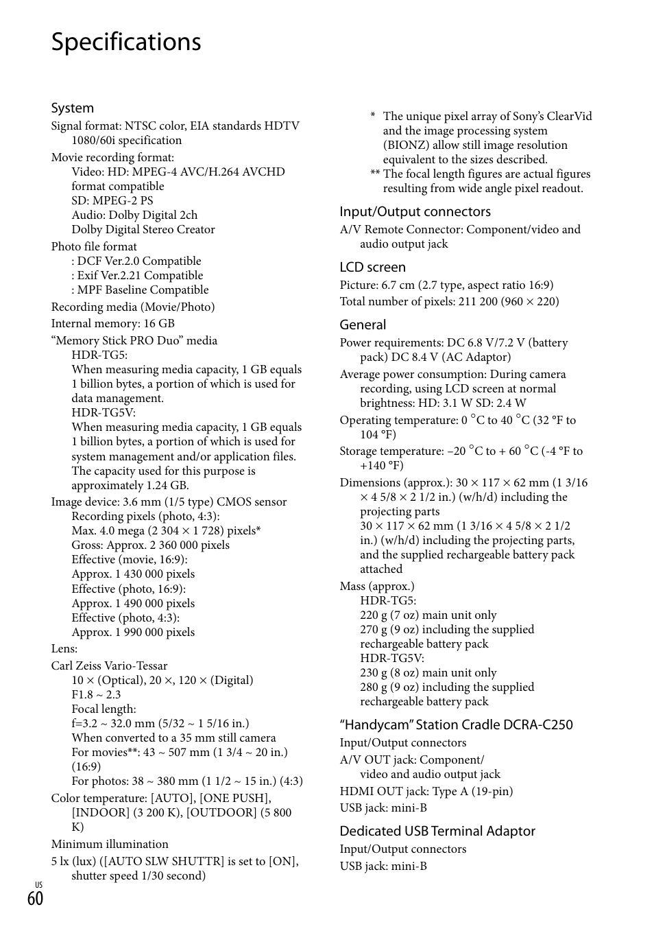 Specifications | Sony HDR-TG5V User Manual | Page 60 / 135