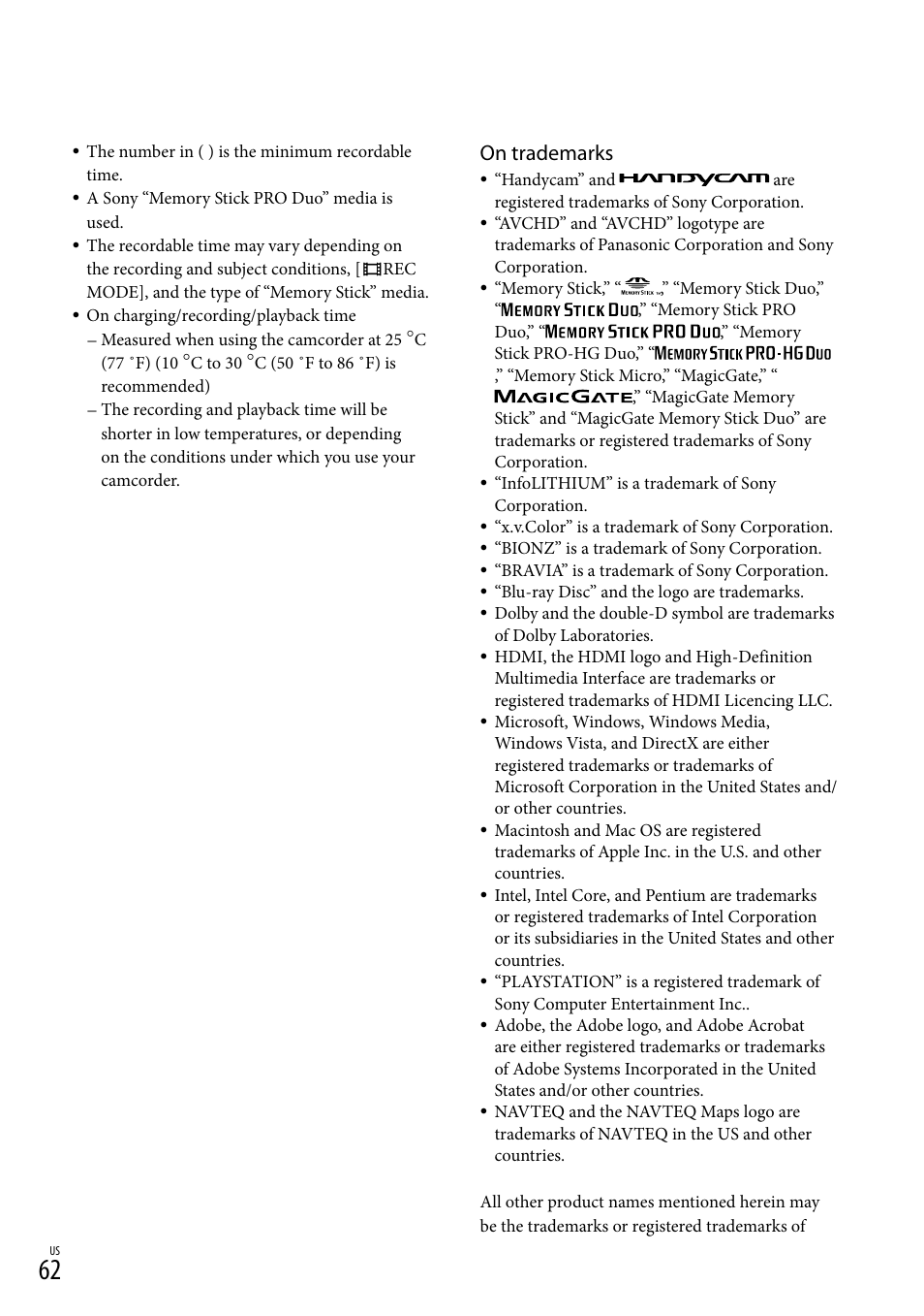 On trademarks | Sony HDR-TG5V User Manual | Page 62 / 135