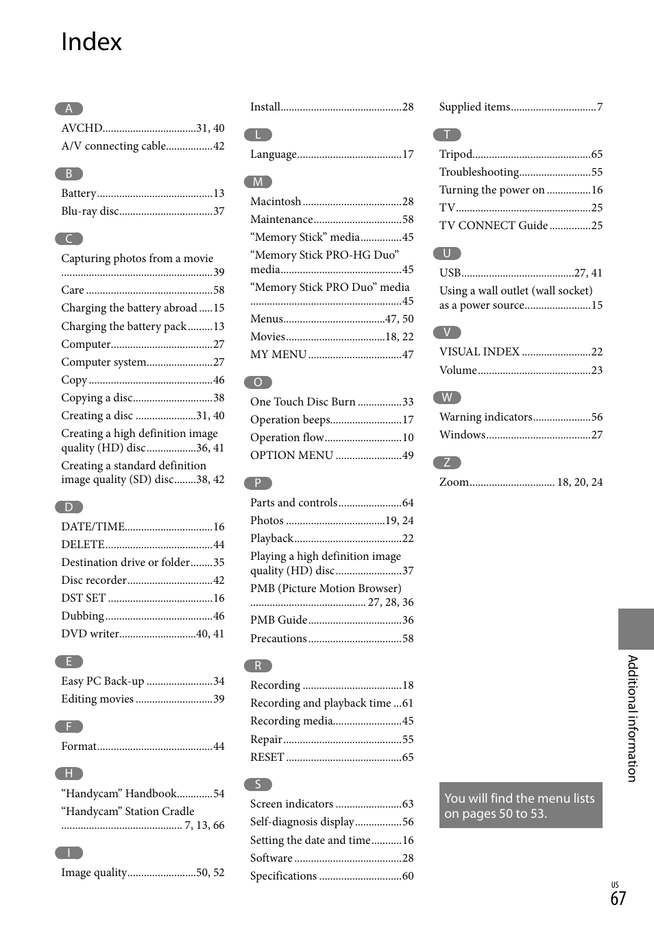 Index | Sony HDR-TG5V User Manual | Page 67 / 135