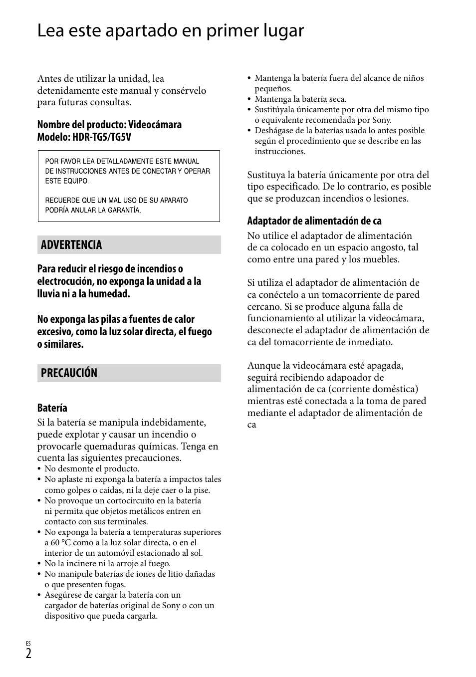 Lea este apartado en primer lugar, Advertencia, Precaución | Sony HDR-TG5V User Manual | Page 68 / 135