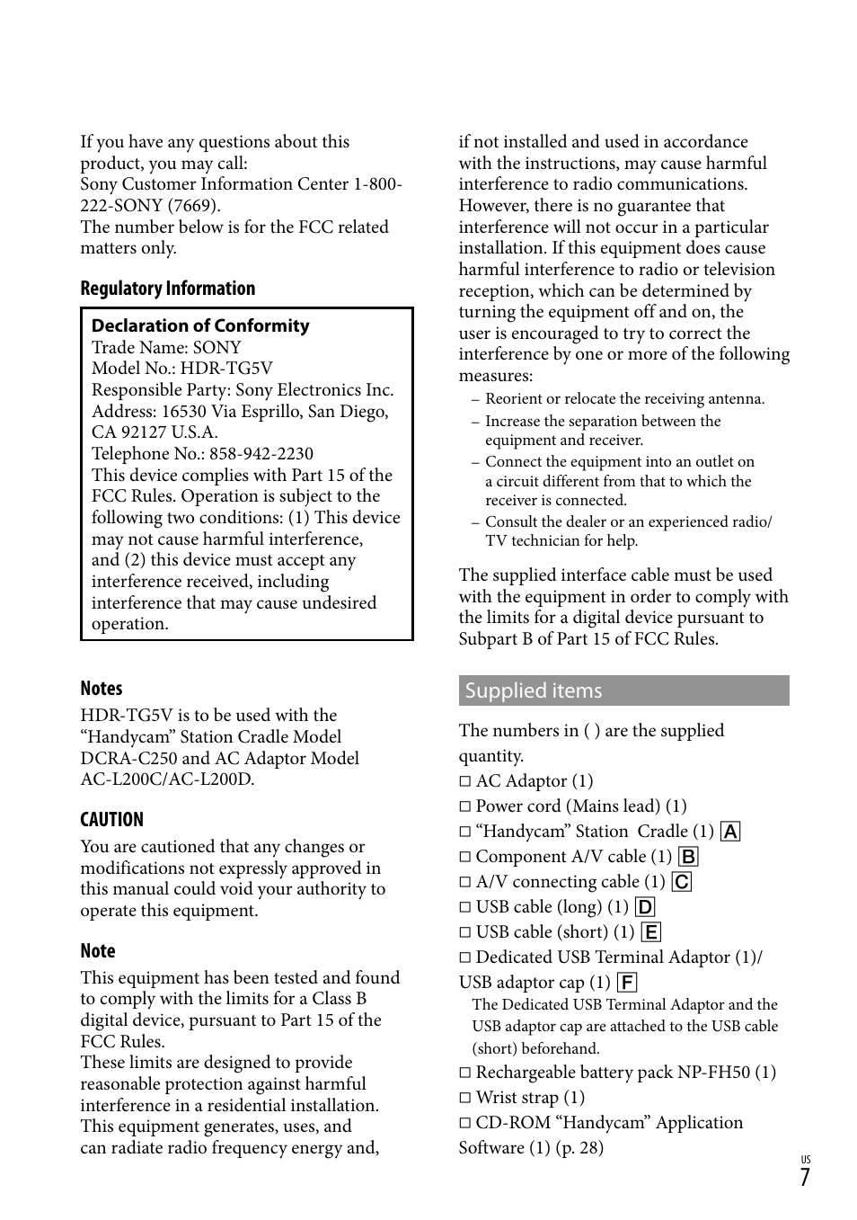 Supplied items | Sony HDR-TG5V User Manual | Page 7 / 135