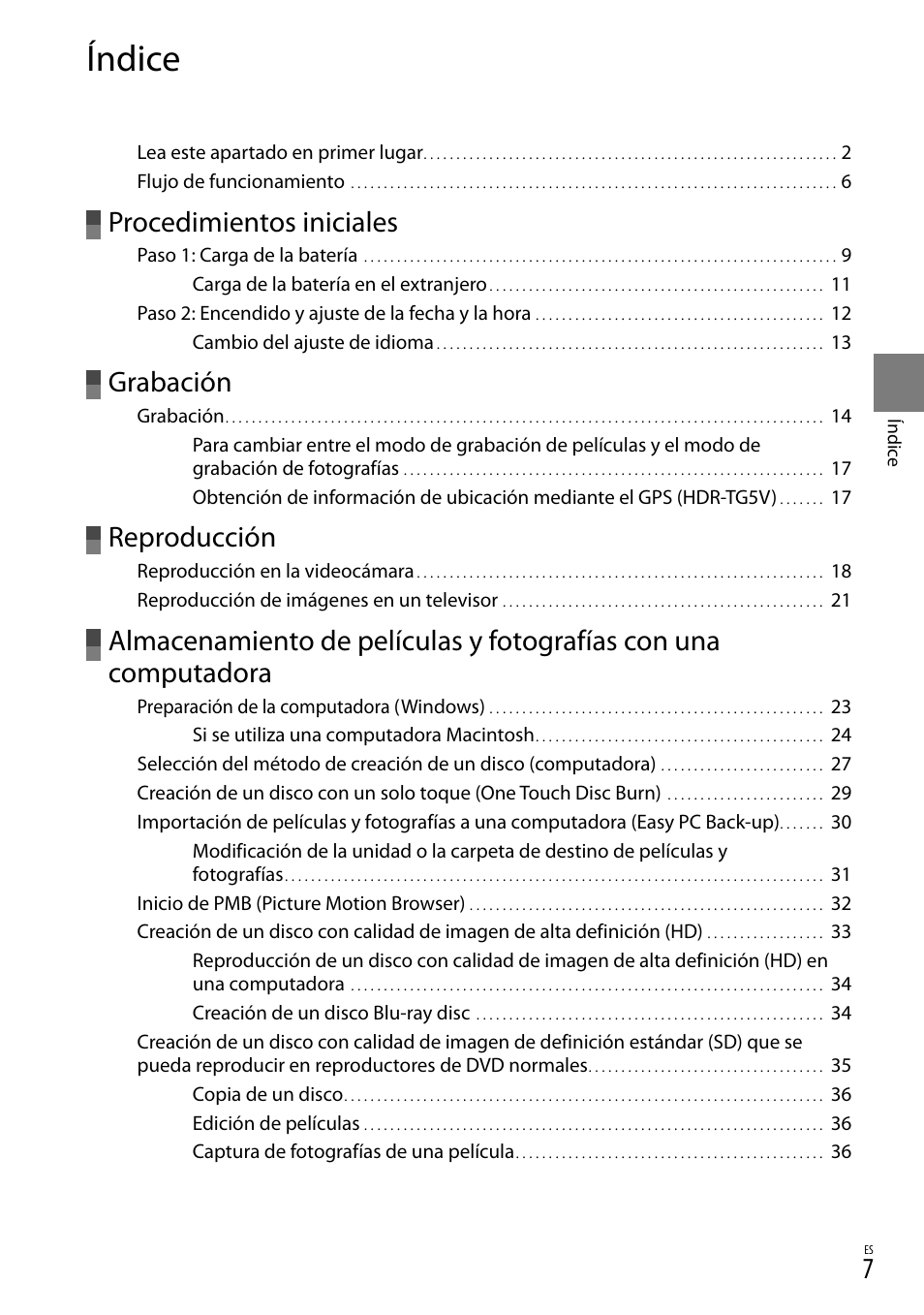 Índice, Procedimientos iniciales, Grabación | Reproducción | Sony HDR-TG5V User Manual | Page 73 / 135