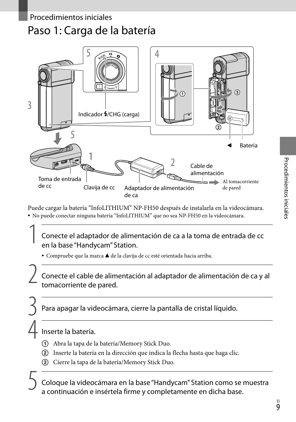 Procedimientos iniciales, Paso 1: carga de la batería | Sony HDR-TG5V User Manual | Page 75 / 135