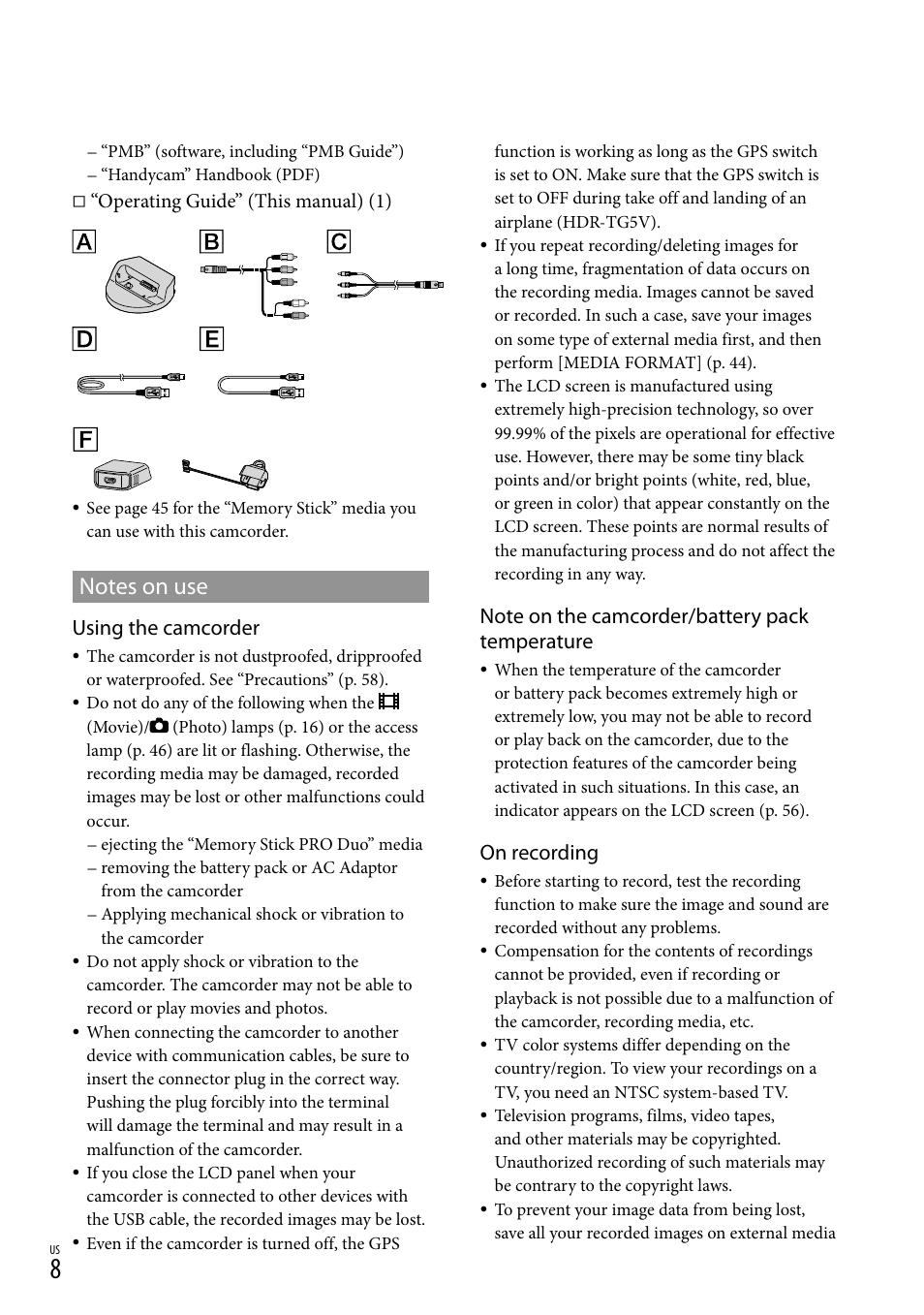 Using the camcorder, On recording, Operating guide” (this manual) (1) | Sony HDR-TG5V User Manual | Page 8 / 135