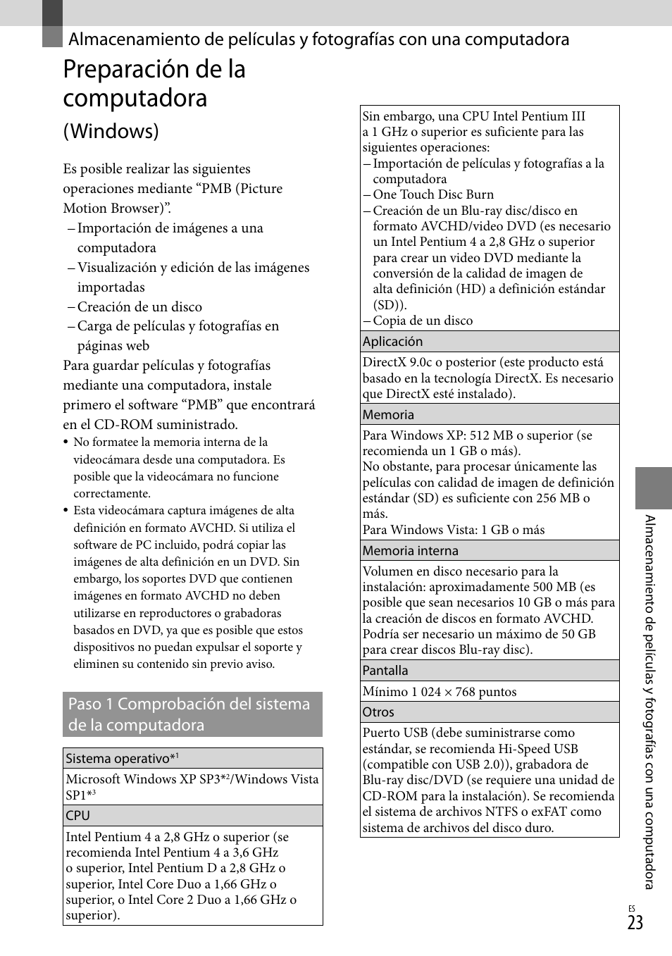 Preparación de la computadora (windows), Almacenamiento de películas y fotografías con una, Computadora | Preparación de la computadora, Windows), Paso 1 comprobación del sistema de la computadora | Sony HDR-TG5V User Manual | Page 89 / 135