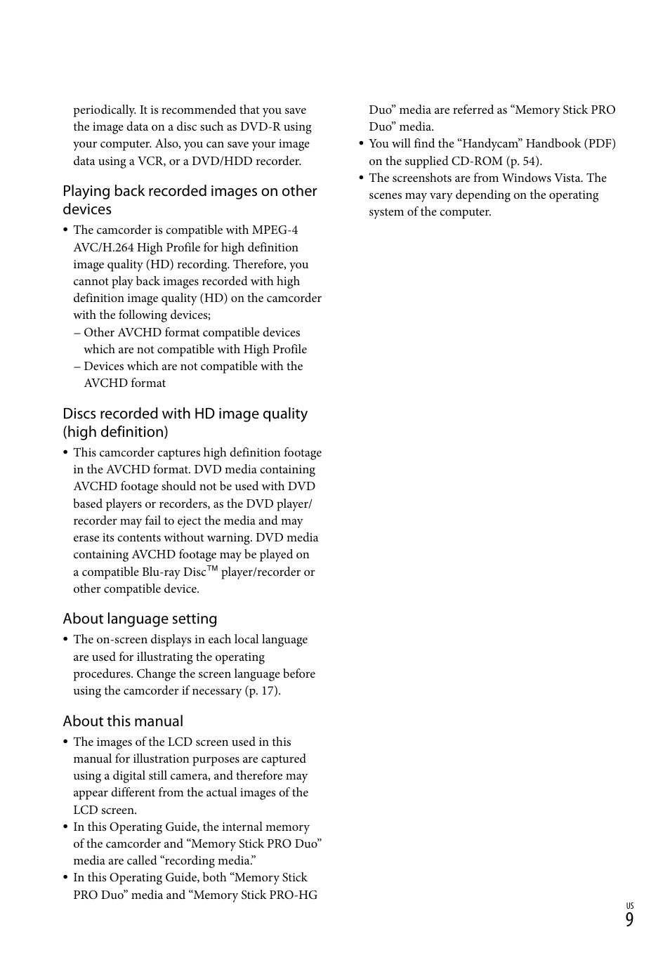 Playing back recorded images on other devices, About language setting, About this manual | Sony HDR-TG5V User Manual | Page 9 / 135