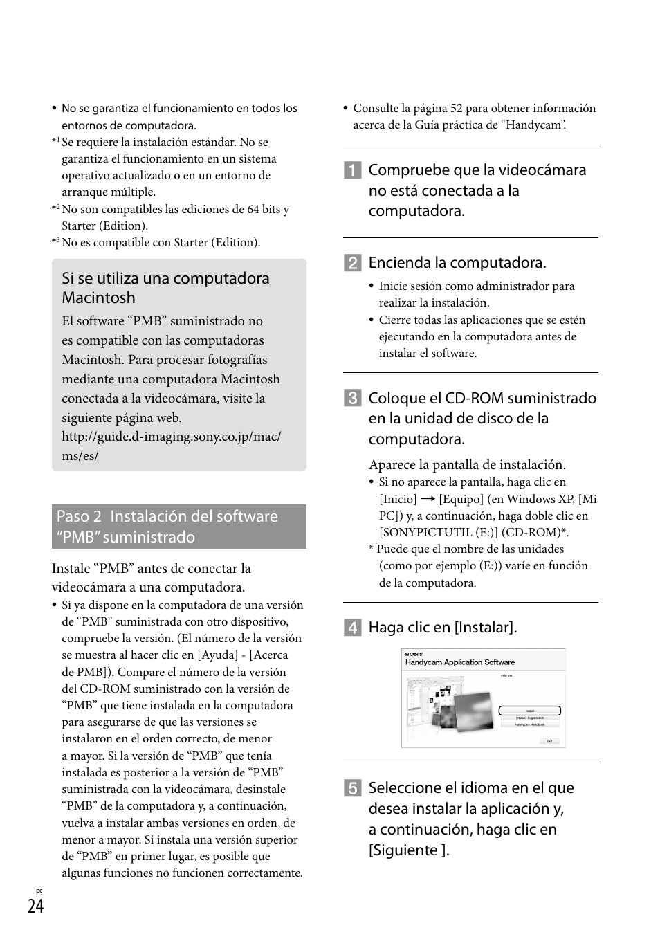 Si se utiliza una computadora macintosh, Paso 2 instalación del software “pmb” suministrado | Sony HDR-TG5V User Manual | Page 90 / 135