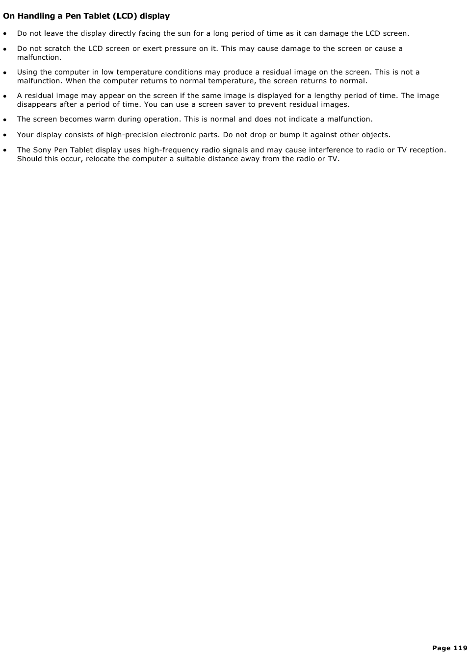 On handling a pen tablet (lcd) display | Sony PCV-LX920 User Manual | Page 119 / 140