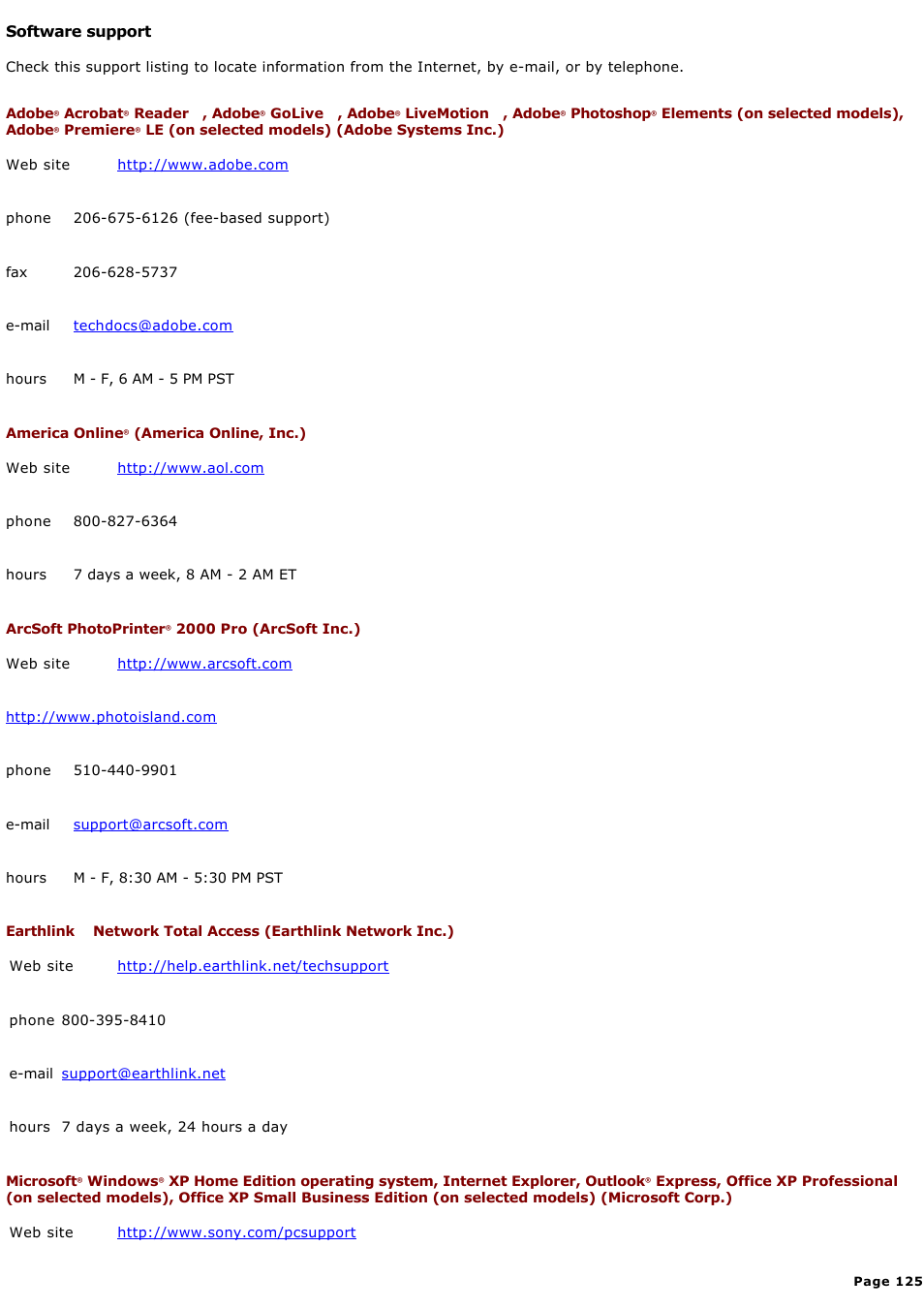 Software support | Sony PCV-LX920 User Manual | Page 125 / 140