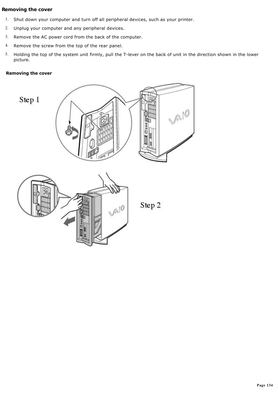 Removing the cover | Sony PCV-LX920 User Manual | Page 134 / 140