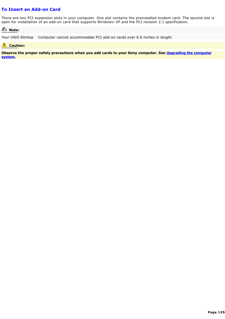 To insert an add-on card | Sony PCV-LX920 User Manual | Page 135 / 140