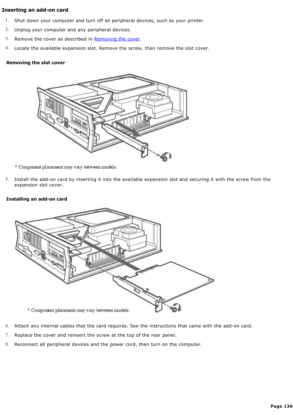 Inserting an add-on card | Sony PCV-LX920 User Manual | Page 136 / 140