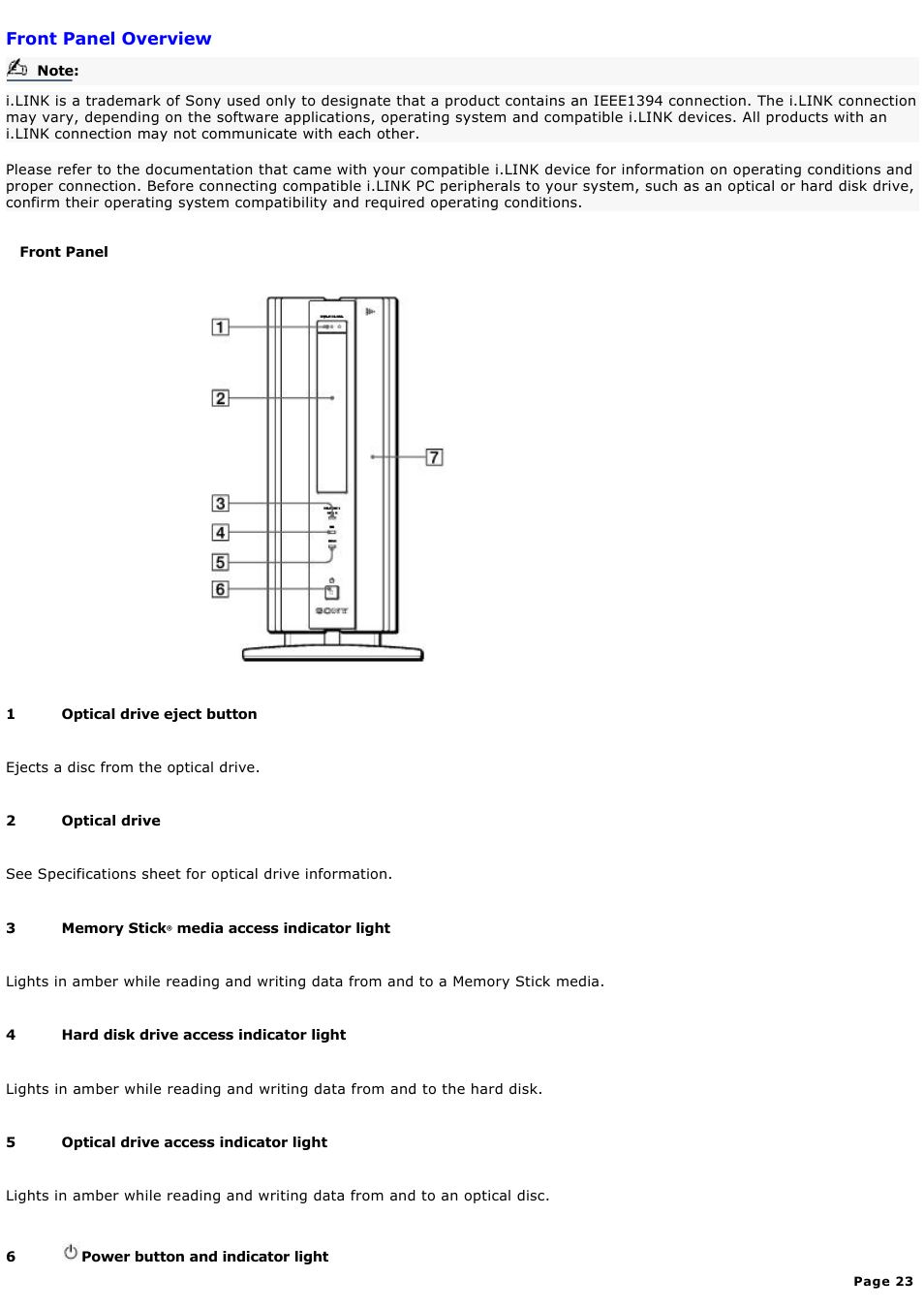 Front panel overview | Sony PCV-LX920 User Manual | Page 23 / 140