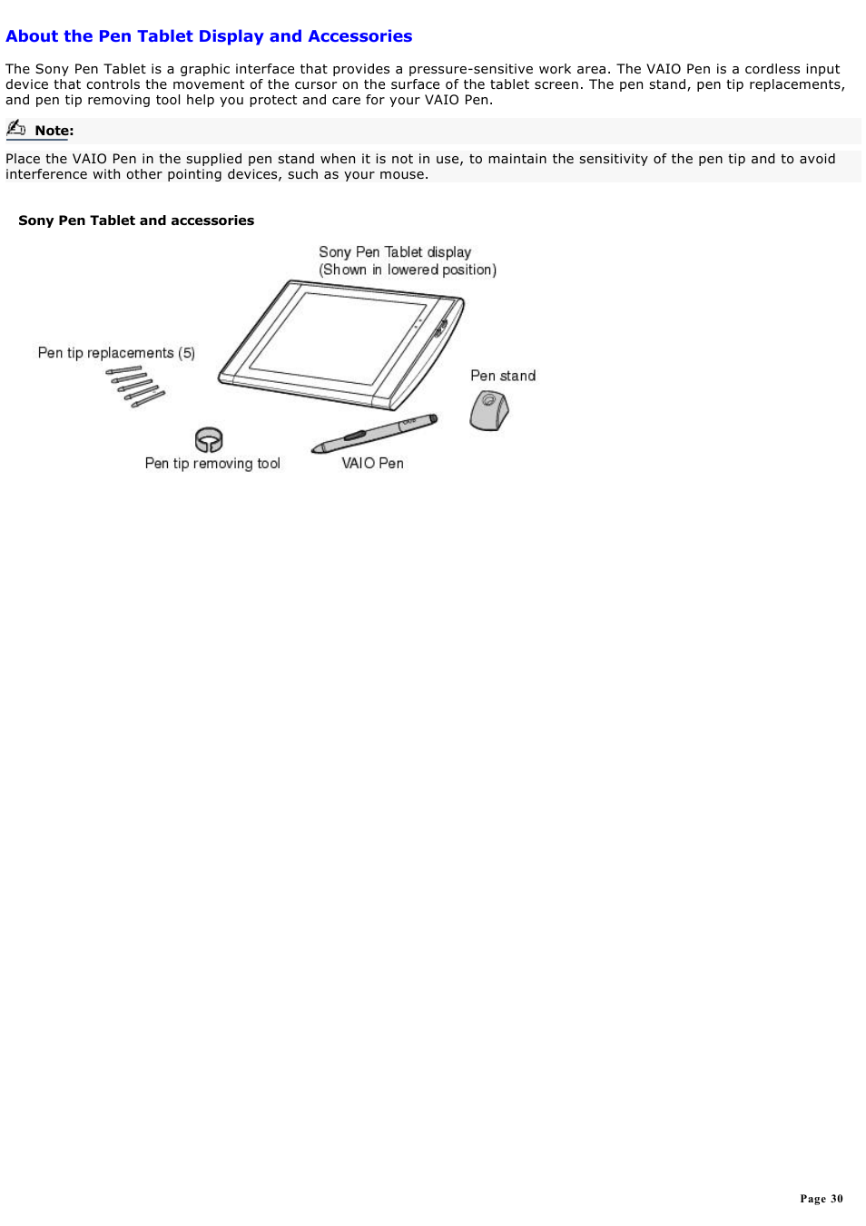 About the pen tablet display and accessories | Sony PCV-LX920 User Manual | Page 30 / 140