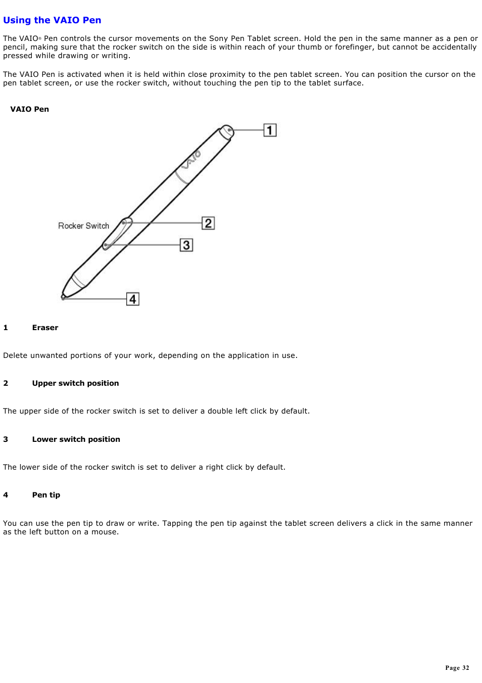 Using the vaio pen | Sony PCV-LX920 User Manual | Page 32 / 140