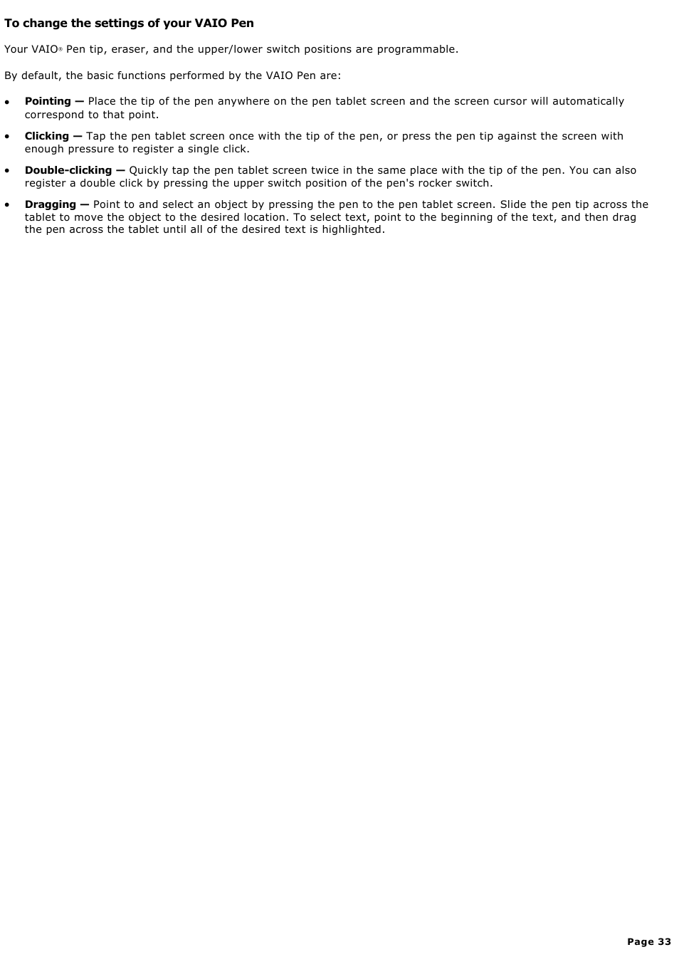 To change the settings of your vaio pen | Sony PCV-LX920 User Manual | Page 33 / 140