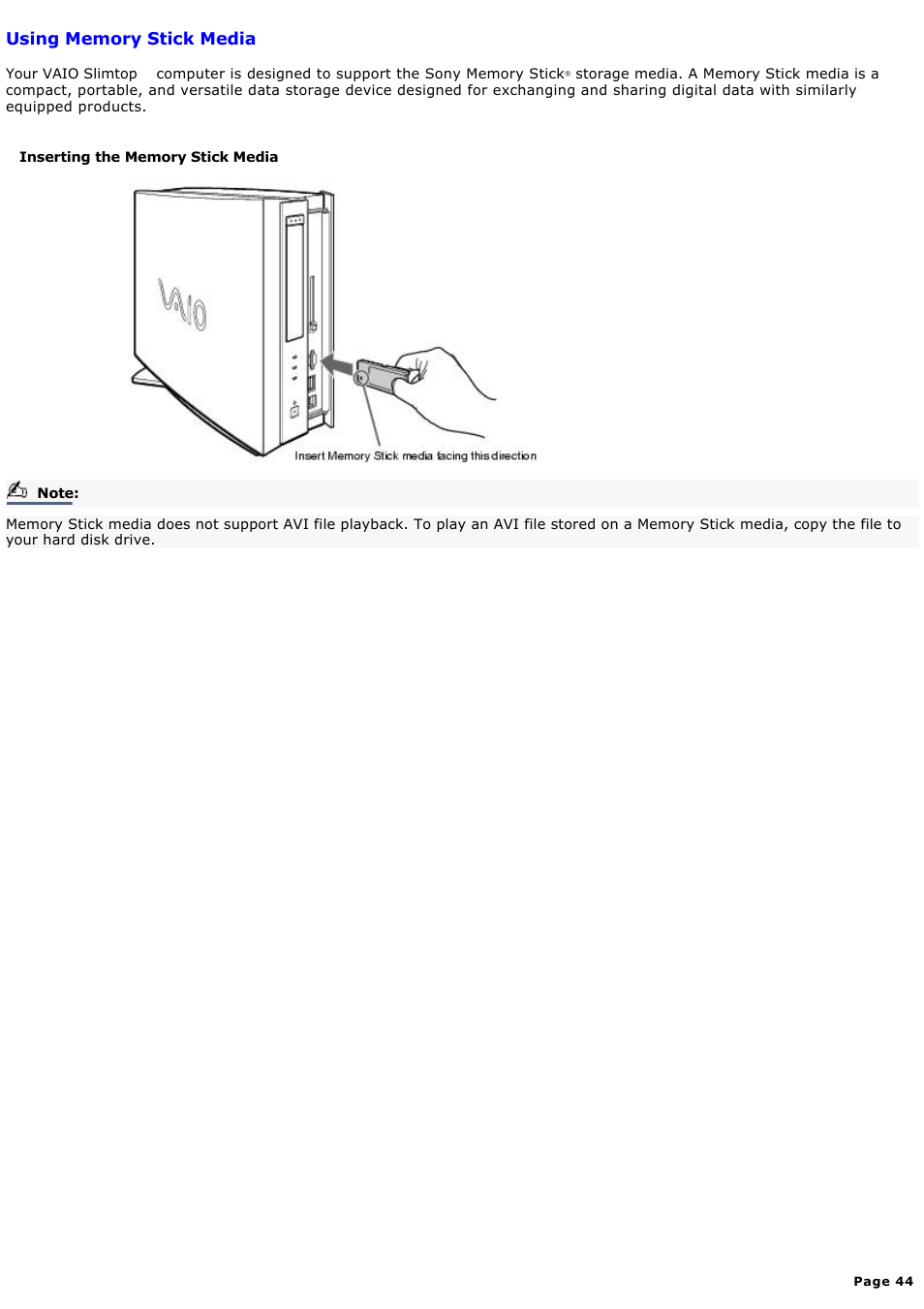 Using memory stick media | Sony PCV-LX920 User Manual | Page 44 / 140