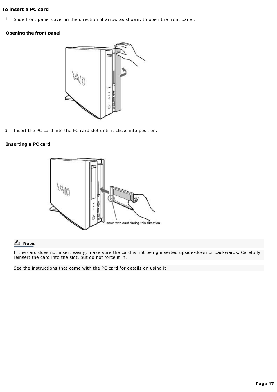 To insert a pc card | Sony PCV-LX920 User Manual | Page 47 / 140