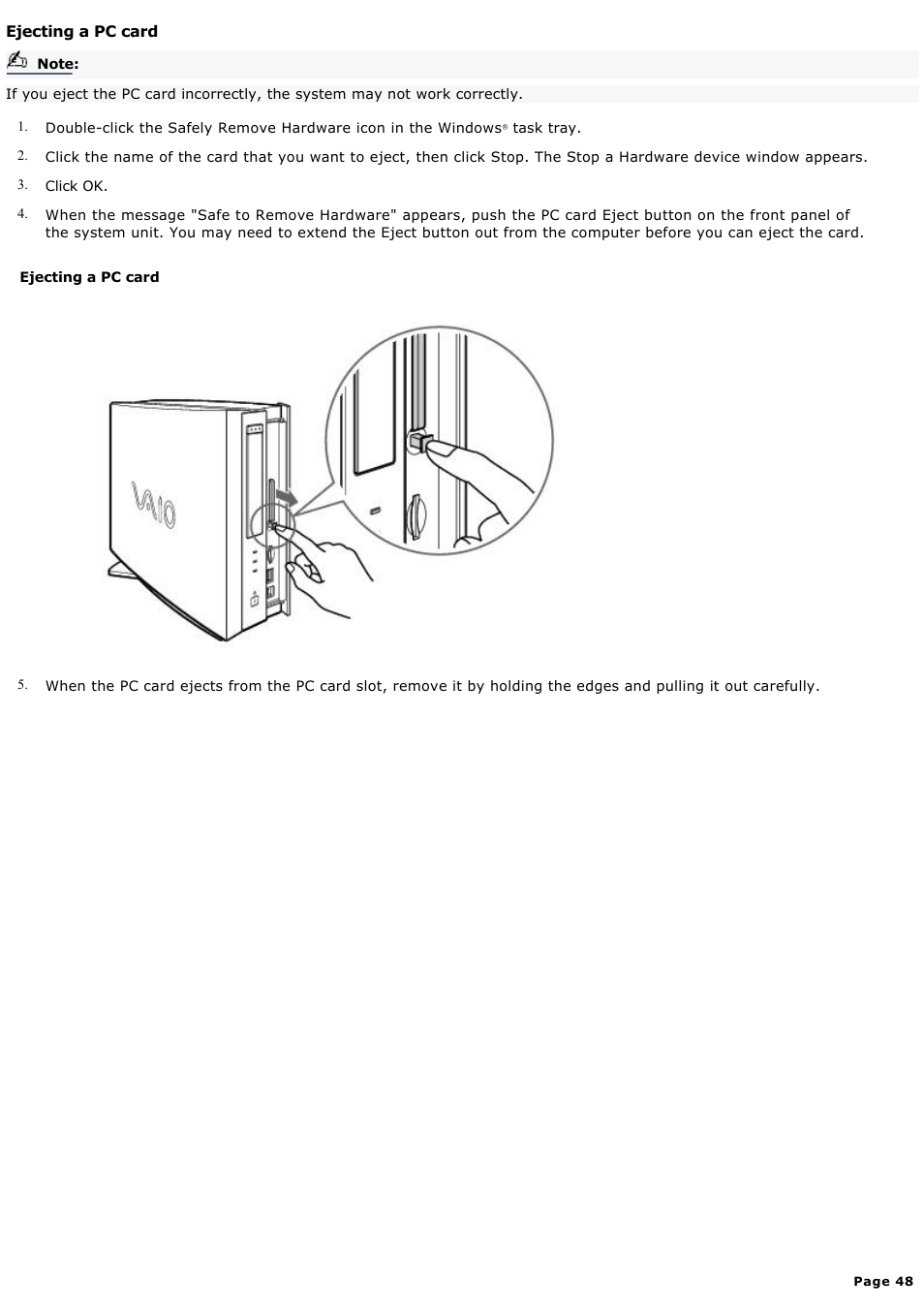 Ejecting a pc card | Sony PCV-LX920 User Manual | Page 48 / 140