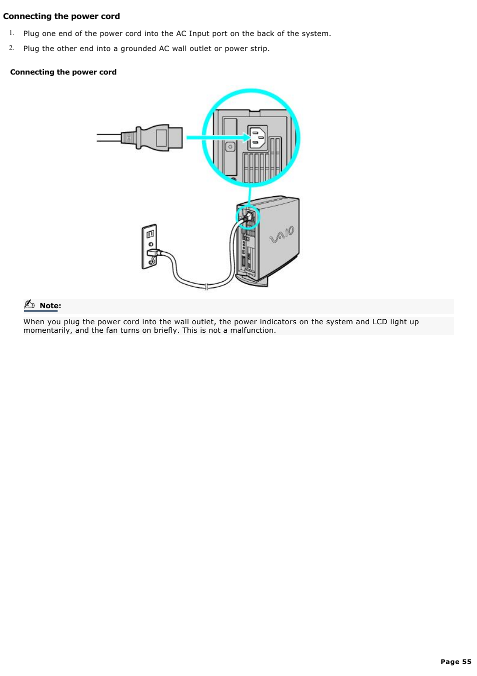 Connecting the power cord | Sony PCV-LX920 User Manual | Page 55 / 140