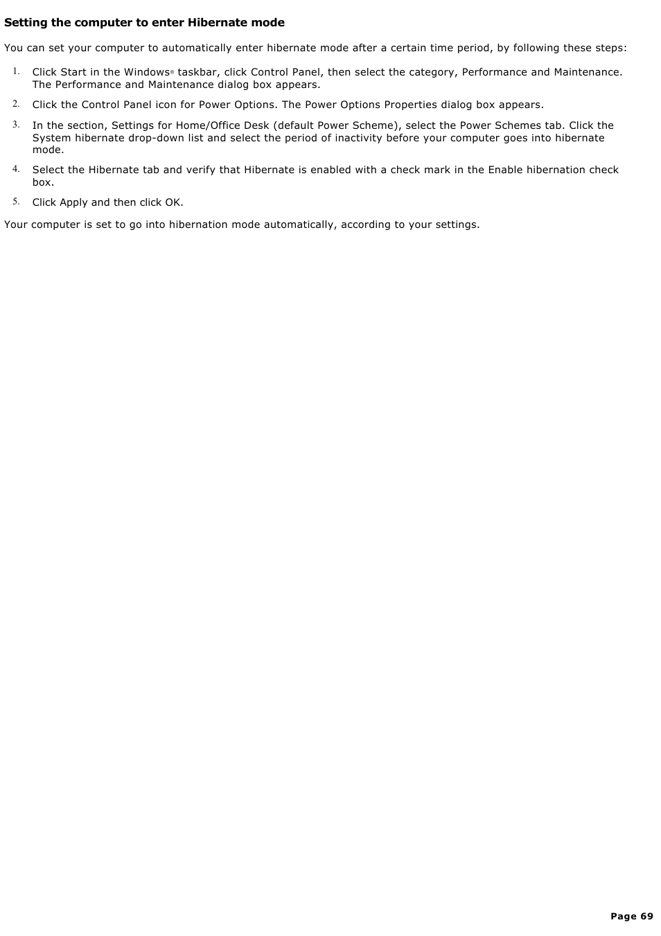 Setting the computer to enter hibernate mode | Sony PCV-LX920 User Manual | Page 69 / 140