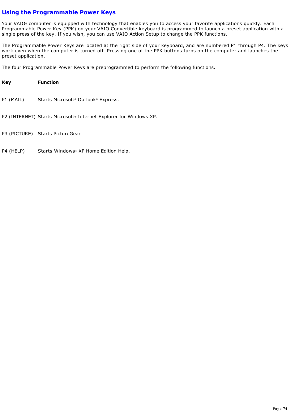 Using the programmable power keys | Sony PCV-LX920 User Manual | Page 74 / 140