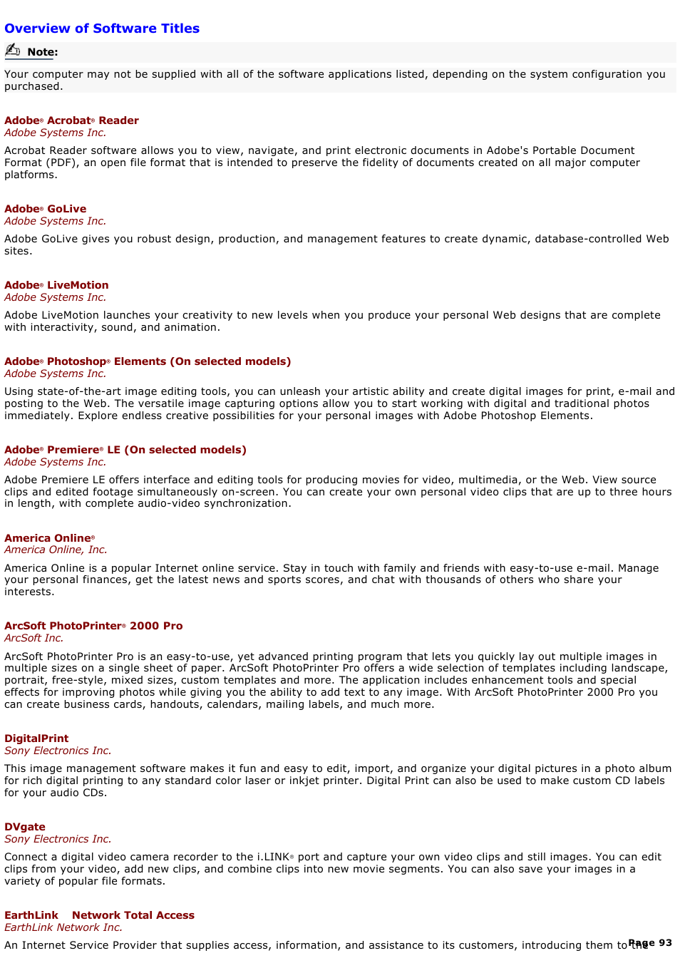 Overview of software titles | Sony PCV-LX920 User Manual | Page 93 / 140