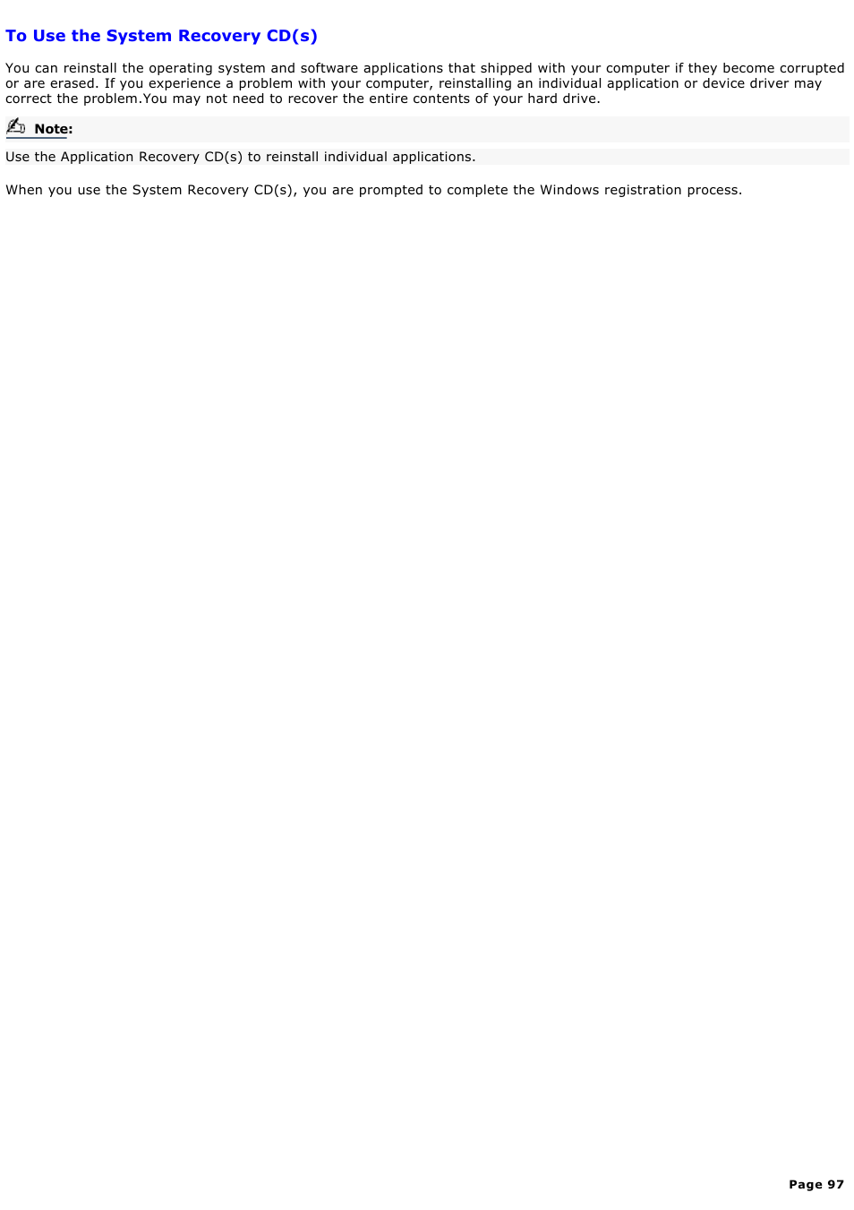 To use the system recovery cd(s) | Sony PCV-LX920 User Manual | Page 97 / 140
