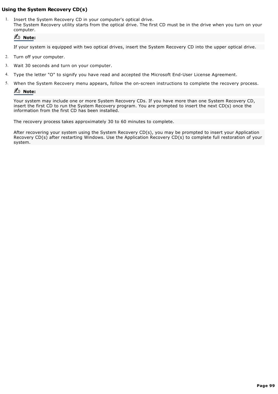 Using the system recovery cd(s) | Sony PCV-LX920 User Manual | Page 99 / 140