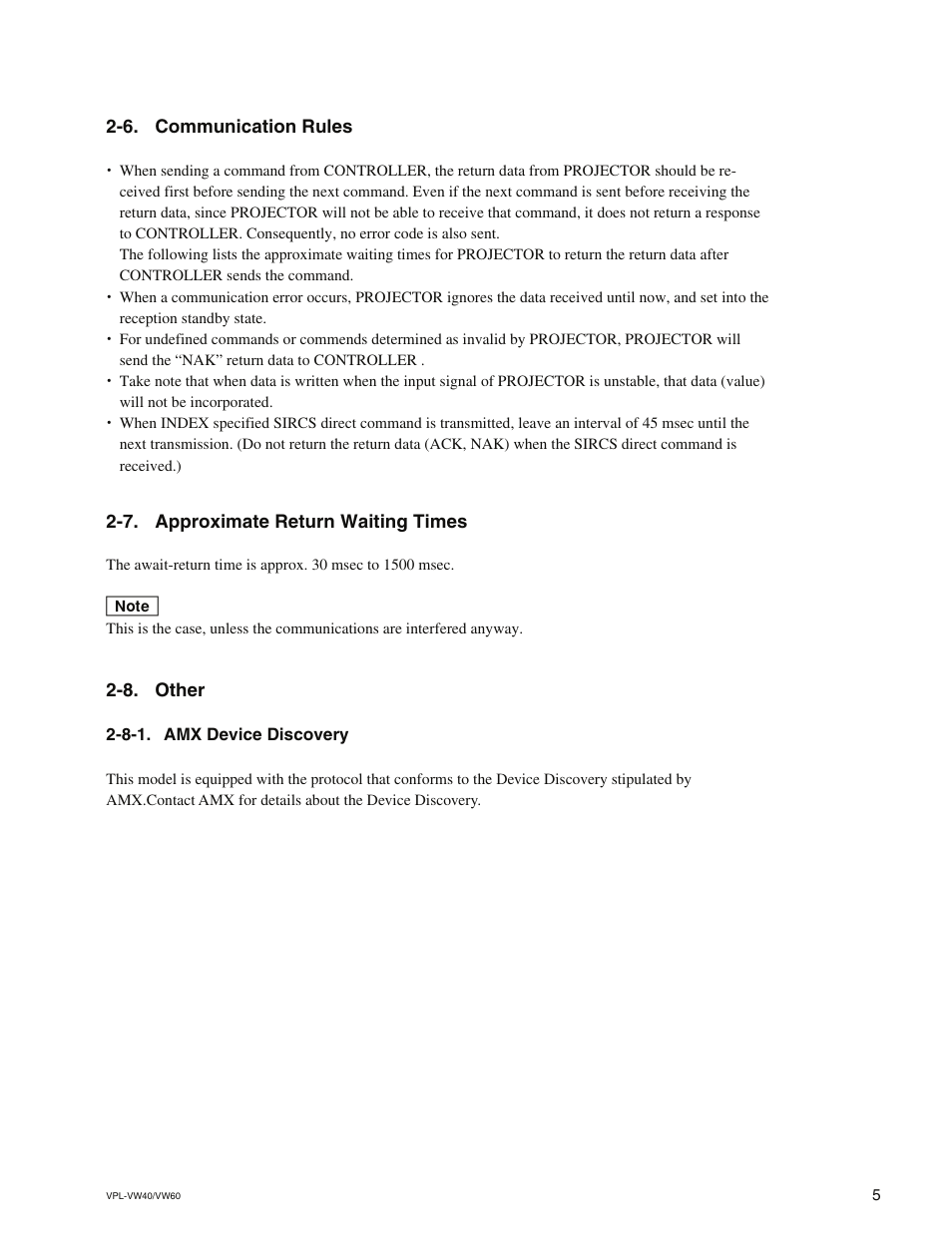 6. communication rules, 7. approximate return waiting times, 8. other | 8-1. amx device discovery | Sony VPL-VW60 User Manual | Page 9 / 16