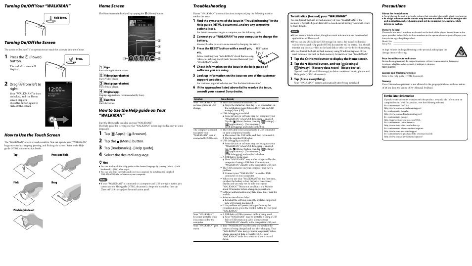 Troubleshooting, Precautions, Turning on/off your “walkman | Turning on/off the screen, How to use the touch screen, Home screen, How to use the help guide on your “walkman, Press the  (power) button, Drag from left to right, Tap [ apps] - [ browser | Sony NWZ-Z1050BLK User Manual | Page 2 / 2