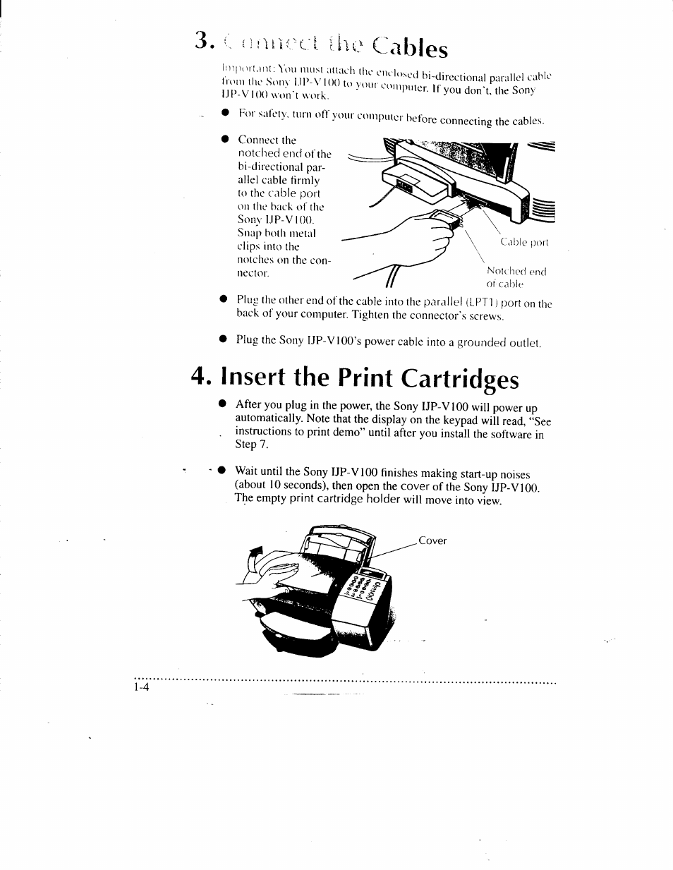 Insert the print cartridges, Insert the print cartridges -4, L i ] iu^oci liie cables | Sony IJP-V100 User Manual | Page 10 / 106