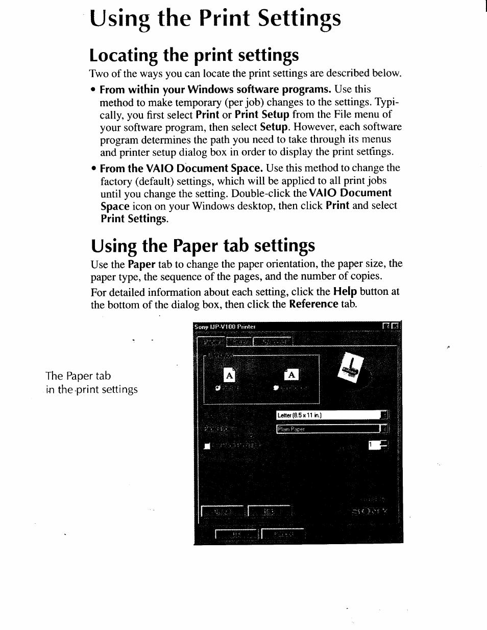 Using the print settings, Locating the print settings, Using the paper tab settings | Using the print settings -5, Locating the print settings -5, Using the paper tab settings -5 | Sony IJP-V100 User Manual | Page 89 / 106