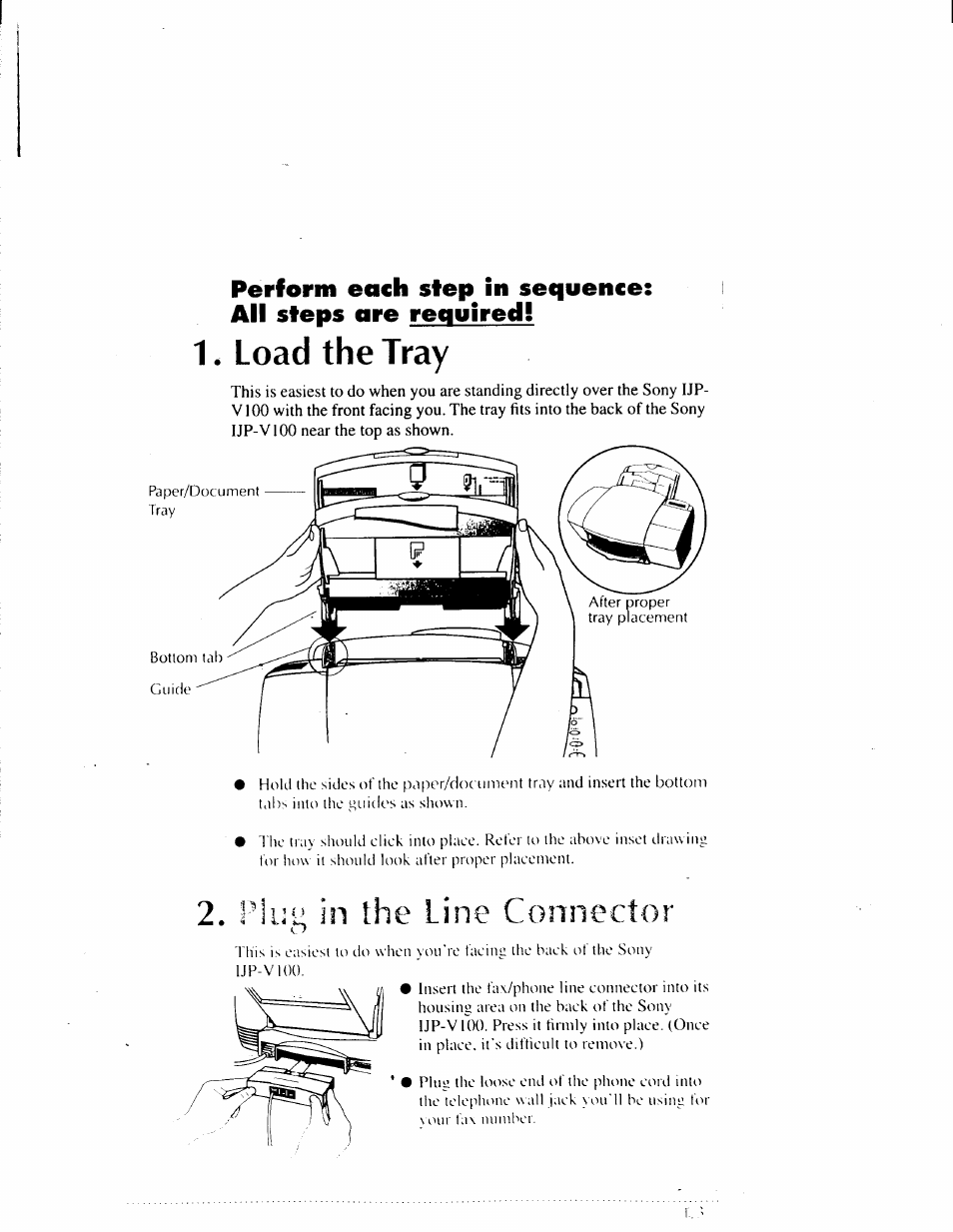 Load the tray, Plug in the line connector, Load the tray -3 | Plug in the line connector -3 | Sony IJP-V100 User Manual | Page 9 / 106